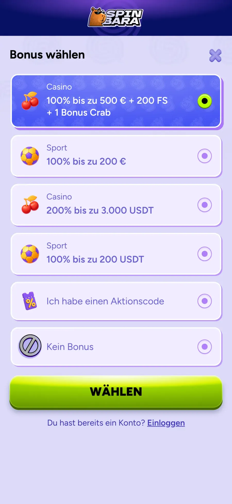 Registrierungsfenster zur Bonusauswahl mit Casino- und Sportboni, Aktionscode-Option und Button „Wählen“.