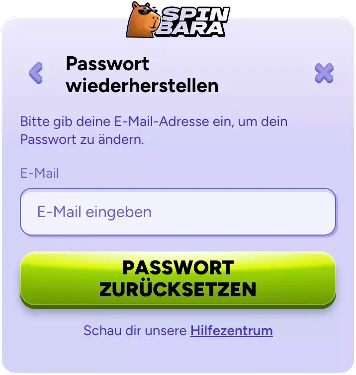 Spinbara Fenster zur Passwortwiederherstellung mit E-Mail-Feld und Button „Passwort zurücksetzen“.