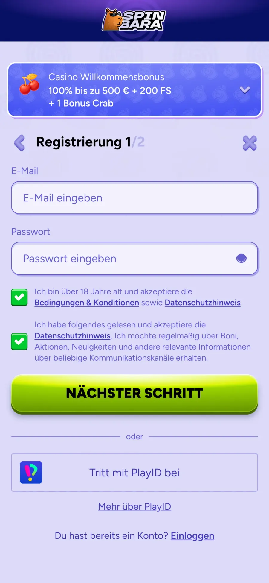 Registrierungsformular 1/2 mit E-Mail- und Passwortfeld, Checkboxen für AGB und Button „Nächster Schritt“.