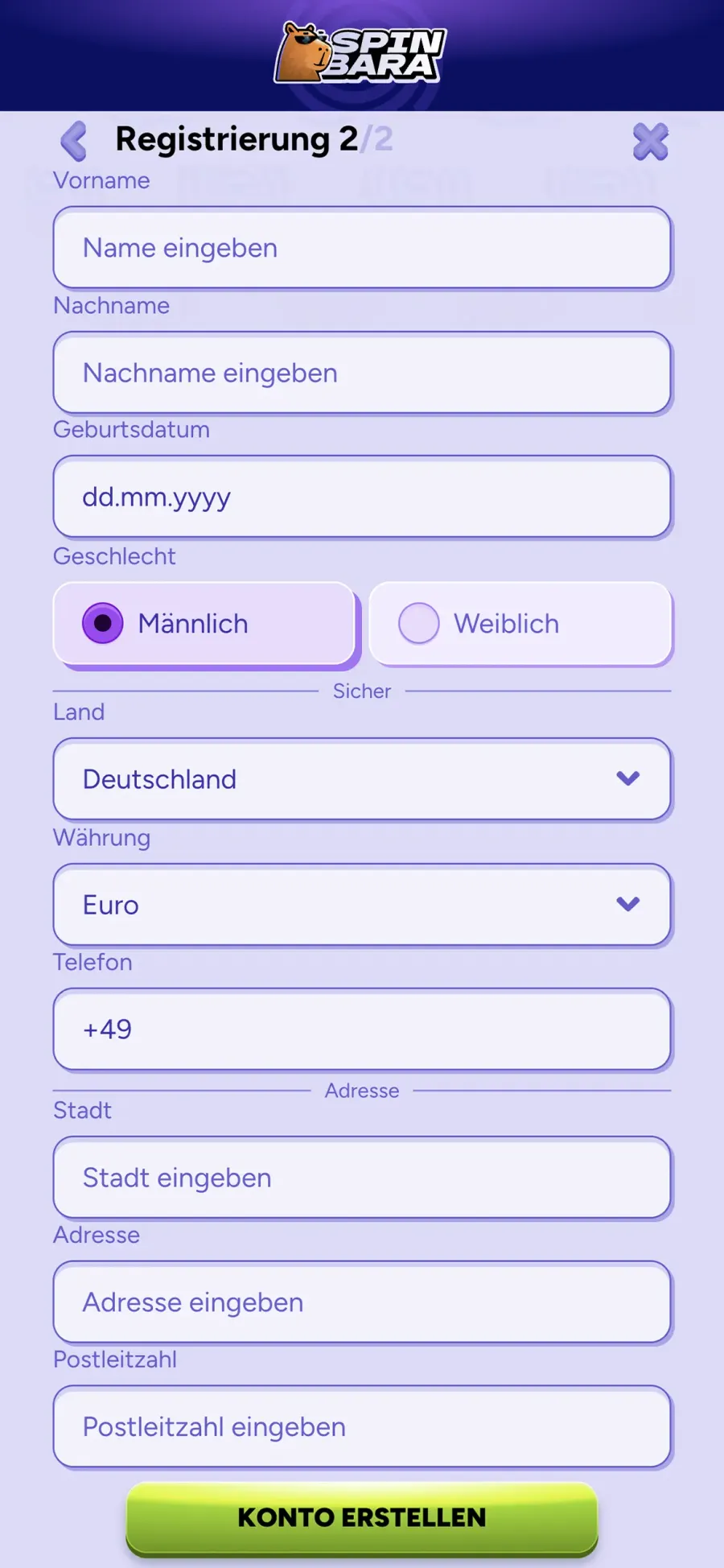 Registrierungsformular 2/2 mit persönlichen Daten, Auswahl von Geschlecht, Land und Button „Konto erstellen“.